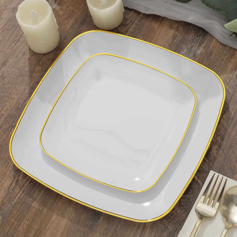 10 Pack | 7inch White with Gold Rim Square Plastic Salad Party Plates, Dessert Appetizer Plates