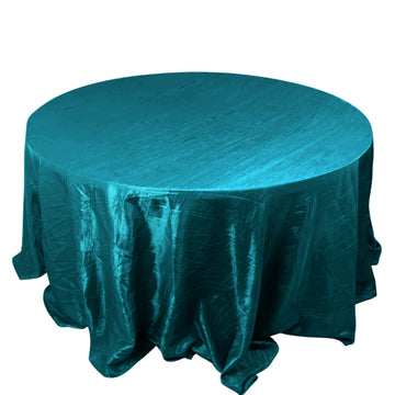 132" Peacock Teal Accordion Crinkle Taffeta Seamless Round Tablecloth for 6 Foot Table With Floor-Length Drop