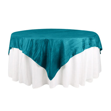 72"x72" Peacock Teal Accordion Crinkle Taffeta Table Overlay, Square Tablecloth Topper