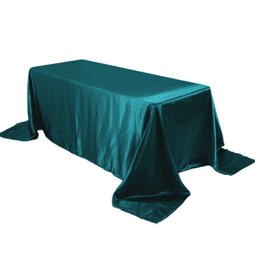 90"x132" Peacock Teal Satin Seamless Rectangular Tablecloth for 6 Foot Table With Floor-Length Drop