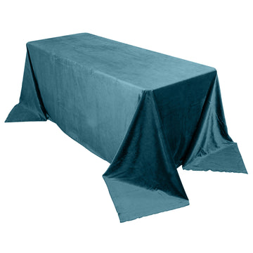90"x132" Peacock Teal Seamless Premium Velvet Rectangle Tablecloth, Reusable Linen for 6 Foot Table With Floor-Length Drop
