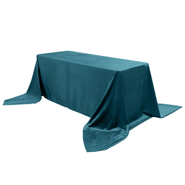 90"x156" Peacock Teal Seamless Premium Velvet Rectangle Tablecloth, Reusable Linen for 8 Foot Table With Floor-Length Drop