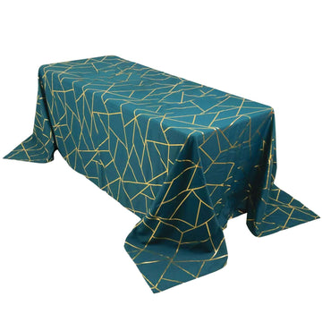 90"x132" Peacock Teal Seamless Rectangle Polyester Tablecloth With Gold Foil Geometric Pattern for 6 Foot Table With Floor-Length Drop