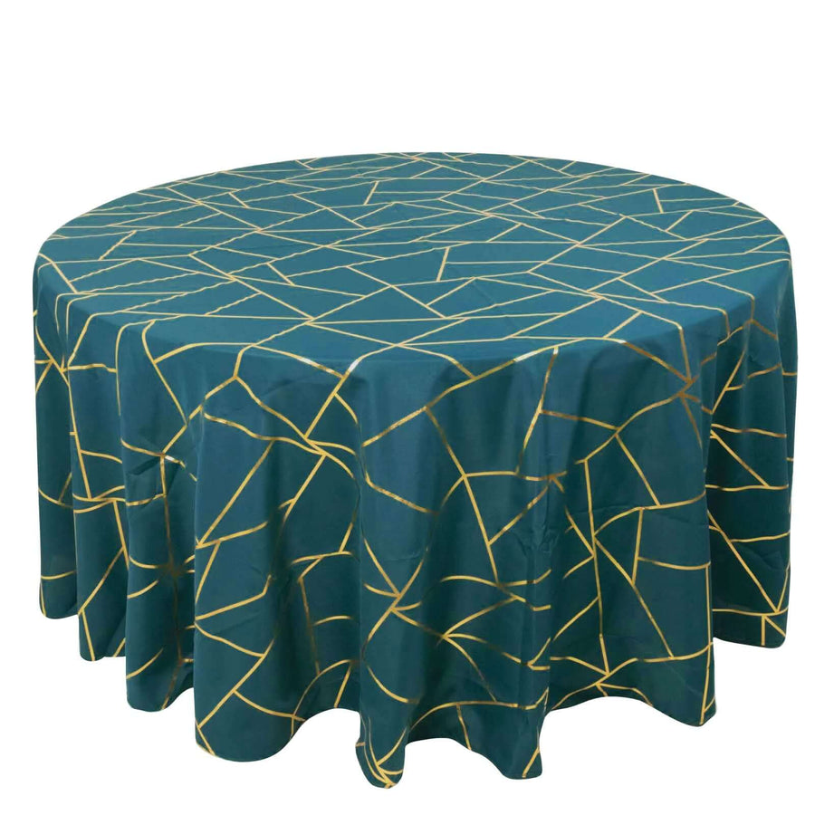 120inch Peacock Teal Polyester Tablecloth With Gold Foil Geometric Pattern