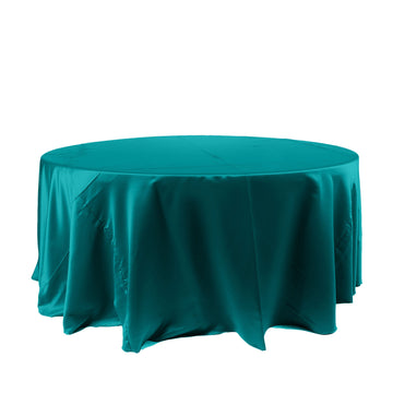 120" Peacock Teal Seamless Satin Round Tablecloth for 5 Foot Table With Floor-Length Drop