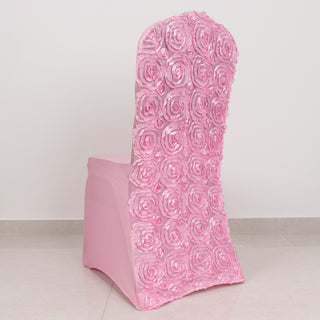 Transform Your Event with Pink Satin Rosette Spandex Stretch Banquet Chair Covers
