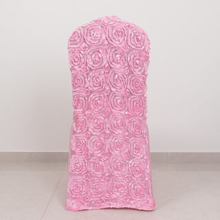 Add Glamour and Elegance with Pink Satin Rosette Spandex Stretch Banquet Chair Covers