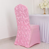 Pink Satin Rosette Spandex Stretch Banquet Chair Cover, Fitted Slip On Chair Cover
