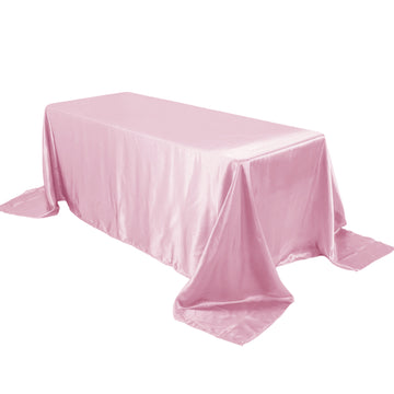 90"x132" Pink Satin Seamless Rectangular Tablecloth for 6 Foot Table With Floor-Length Drop
