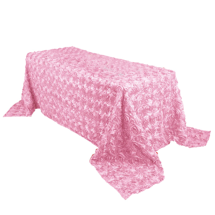 90x132inch Pink Grandiose 3D Rosette Satin Rectangle Tablecloth