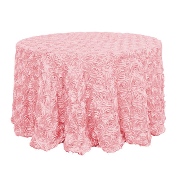 120" Pink Seamless Grandiose 3D Rosette Satin Round Tablecloth for 5 Foot Table With Floor-Length Drop