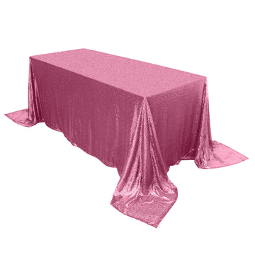 90"x132" Pink Seamless Premium Sequin Rectangle Tablecloth for 6 Foot Table With Floor-Length Drop
