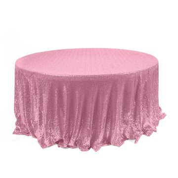120" Pink Seamless Premium Sequin Round Tablecloth for 5 Foot Table With Floor-Length Drop
