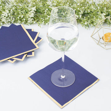 50 Pack Soft Navy Blue 2 Ply Disposable Cocktail Napkins with Gold Foil Edge, Disposable Paper Beverage Napkins - 5"x5"