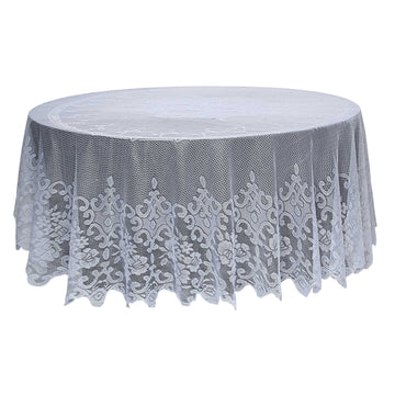 120" Premium Lace White Round Seamless Tablecloth for 5 Foot Table With Floor-Length Drop