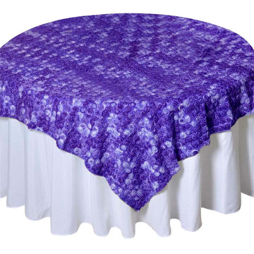 72"x72" Purple 3D Mini Rosette Satin Square Table Overlay