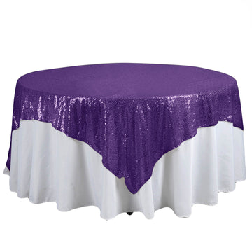 90"x90" Purple Premium Sequin Square Table Overlay, Sparkly Table Overlay