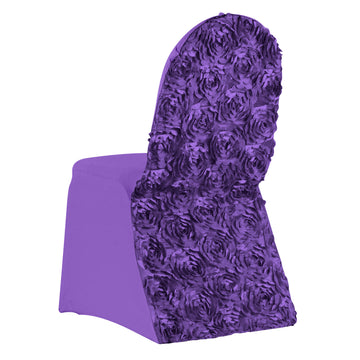 Purple Satin Rosette Spandex Stretch Banquet Chair Cover, Fitted Chair Cover