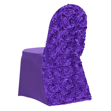 Purple Satin Rosette Spandex Stretch Banquet Chair Cover, Fitted Chair Cover