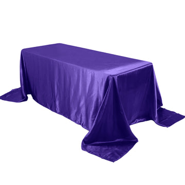 90"x132" Purple Satin Seamless Rectangular Tablecloth for 6 Foot Table With Floor-Length Drop