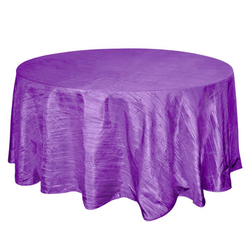 120" Purple Seamless Accordion Crinkle Taffeta Round Tablecloth for 5 Foot Table With Floor-Length Drop