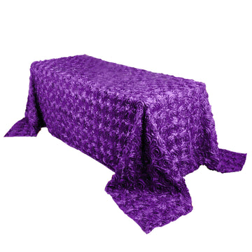 90"x132" Purple Seamless Grandiose 3D Rosette Satin Rectangle Tablecloth for 6 Foot Table With Floor-Length Drop