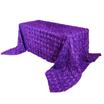 90"x156" Purple Seamless Grandiose Rosette 3D Satin Rectangle Tablecloth for 8 Foot Table With Floor-Length Drop