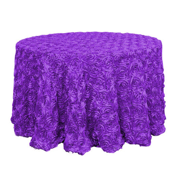 120" Purple Seamless Grandiose 3D Rosette Satin Round Tablecloth for 5 Foot Table With Floor-Length Drop