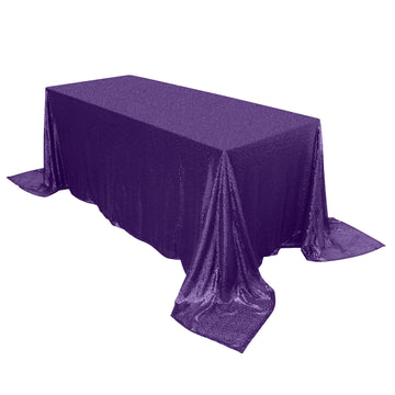 90"x132" Purple Seamless Premium Sequin Rectangle Tablecloth for 6 Foot Table With Floor-Length Drop