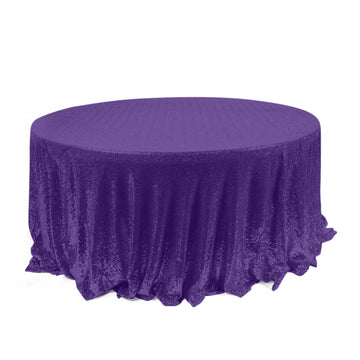 120" Purple Seamless Premium Sequin Round Tablecloth for 5 Foot Table With Floor-Length Drop