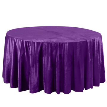 120" Purple Seamless Premium Velvet Round Tablecloth, Reusable Linen for 5 Foot Table With Floor-Length Drop