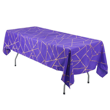 Polyester 60"x102" Rectangle Tablecloth Purple with Gold Foil Geometric Pattern - Wrinkle-Resistant & Durable Table Cover