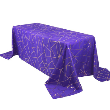 Polyester 90"x132" Rectangle Tablecloth Purple Seamless with Gold Foil Geometric Pattern - Wrinkle-Resistant Seamless Table Cover