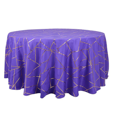 Polyester 120" Round Tablecloth Purple with Gold Foil Geometric Pattern Wrinkle-Resistant Seamless Table Cover