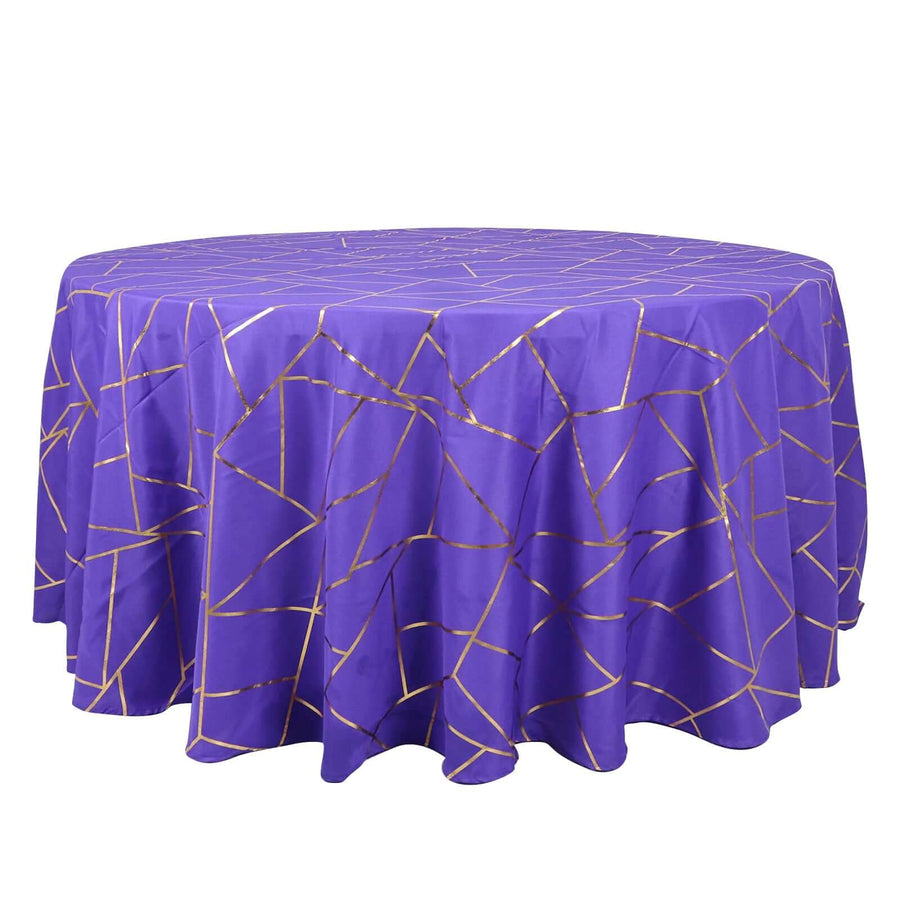 120inch Purple Round Polyester Tablecloth With Gold Foil Geometric Pattern