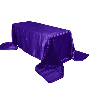 90"x156" Purple Seamless Satin Rectangular Tablecloth for 8 Foot Table With Floor-Length Drop