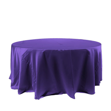 120" Purple Seamless Satin Round Tablecloth for 5 Foot Table With Floor-Length Drop