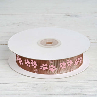 Chocolate Brown Pink Paw Print Satin Ribbon - Add a Touch of Whimsy to Your Decor