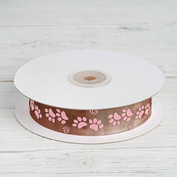 25 Yards 7 8" Chocolate Brown Pink Paw Print Satin Ribbon