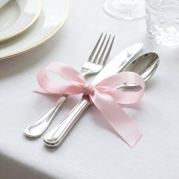 Elegant wedding table setting with pink ribbon-tied silver cutlery, plates, and glass