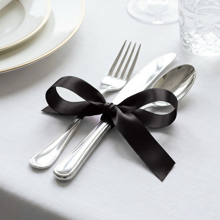 Elegant table setting with black ribbon tied around silver cutlery and utensils