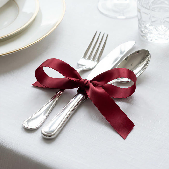 Elegant table setting with burgundy ribbon tied around silver cutlery