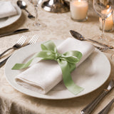 Elegant table setting with white napkin tied with green ribbon on plate