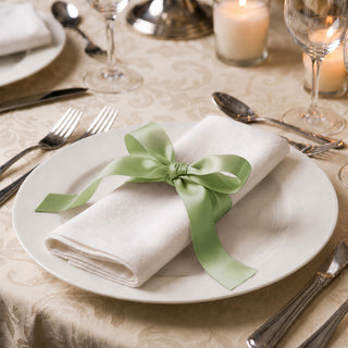 Elegant table setting with white napkin tied with green ribbon on plate