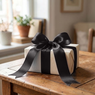 Wrapped gift box with black satin ribbon on a wooden table