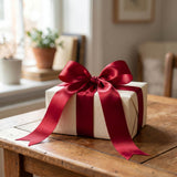 White gift box with red satin ribbon on rustic wooden table