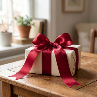 White gift box with red satin ribbon on rustic wooden table