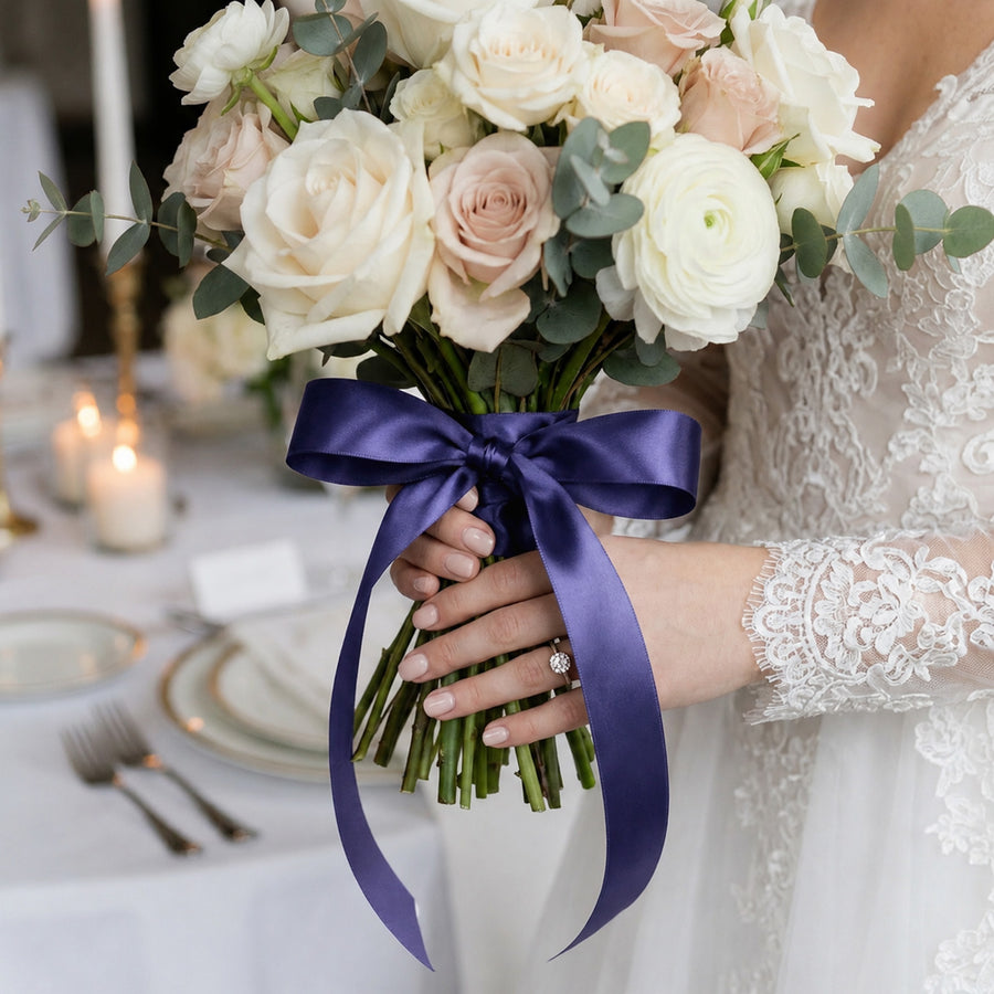 Bride holding elegant white rose wedding bouquet with navy ribbon