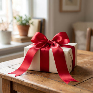 White gift box with red ribbon bow on wooden table in cozy room