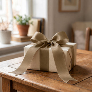 Elegant wrapped gift box with satin bow on a wooden table
